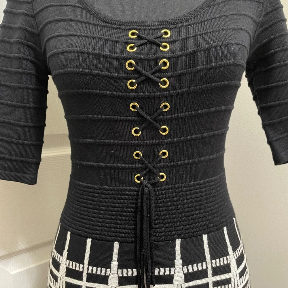 Candies Fit & Flare Knit Skater Dress Lace Up Black White XS Y2K Officewear Chic